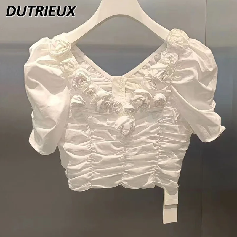 French Style All-Matching Elegant Heavy Industry Flower Design Puff Sleeve T-shirt Female 2024 Slim-Fit Crop-Top Summer