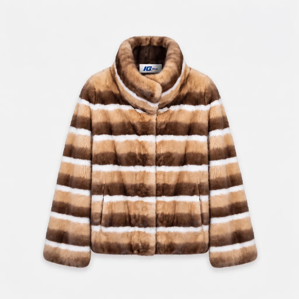 IG Women Mink Fur Large Rolled Collar Cropped Jacket, Zip Closure Long Sleeve Luxury Winter Elegant Commuter Outerwear