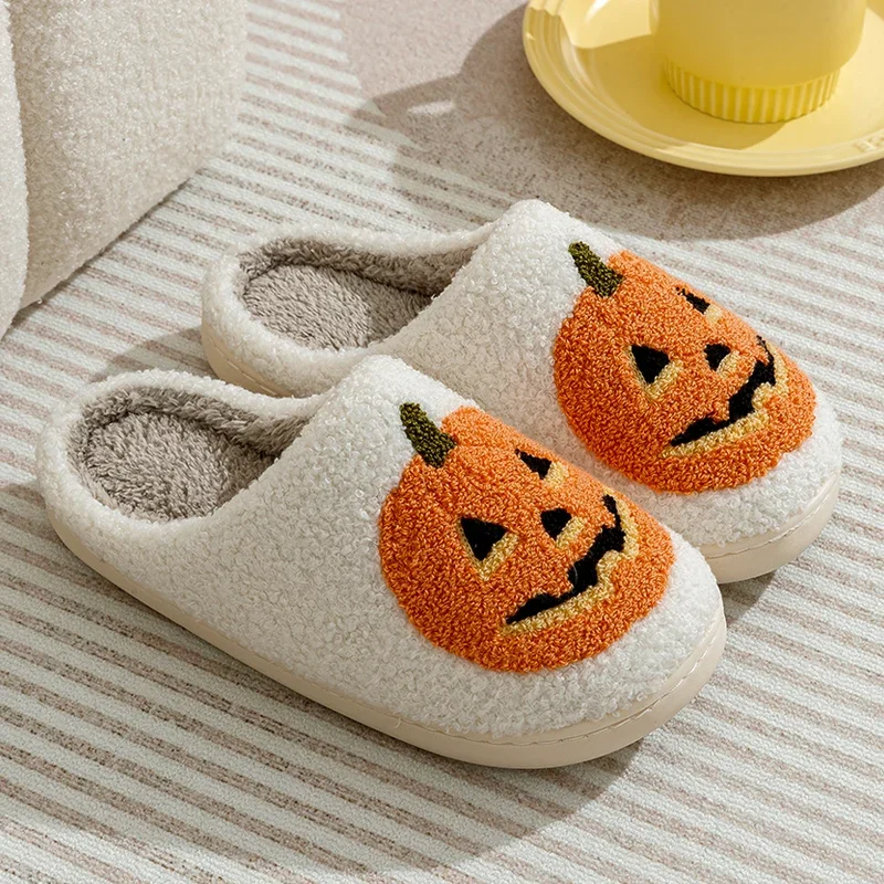 Smile Pumpkin Halloween Women\'s Slippers Winter Indoor Cartoon Comfort Home Bedroom Soft Causal Flat Plush Shoes for Gift