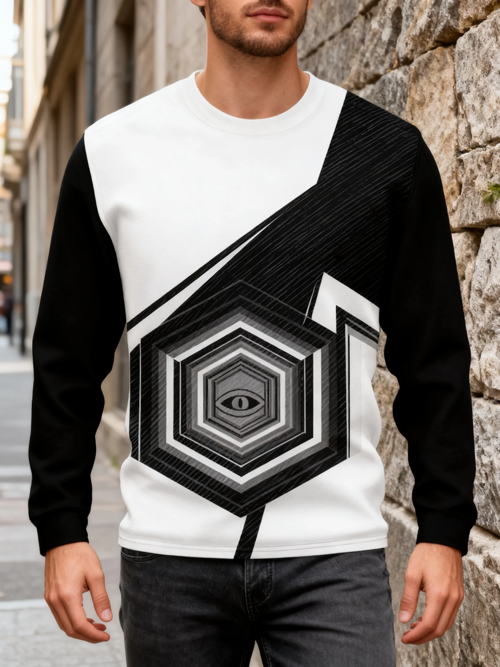 Men's Black White Hexagon All Seeing Eye Print Long Sleeve Sweatshirt Geometric Stripe Casual Top