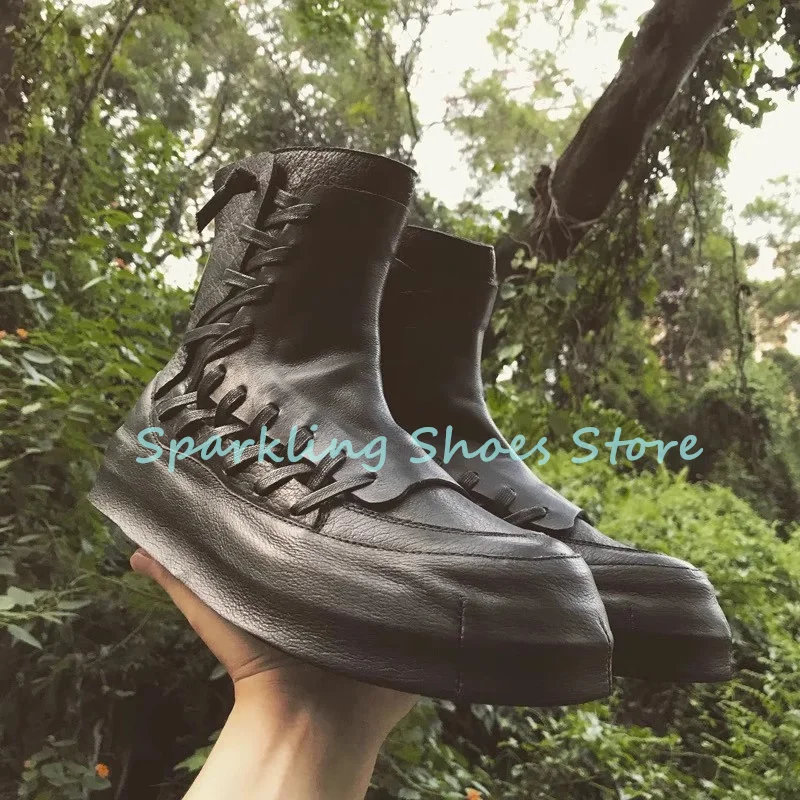 

Male Black High Top Chunky Bottom Mid-Calf Boots Round Toe Wedges Heigh Increasing Cross Strap Boots Casual Shoes for Men