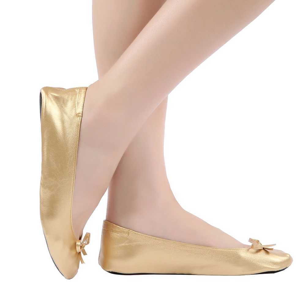 Gold PU Ballerina Flat Shoes Portable Fold up Rollable Ballet Flats for Bridal Wedding Party Favor After Party Shoe Comfortable