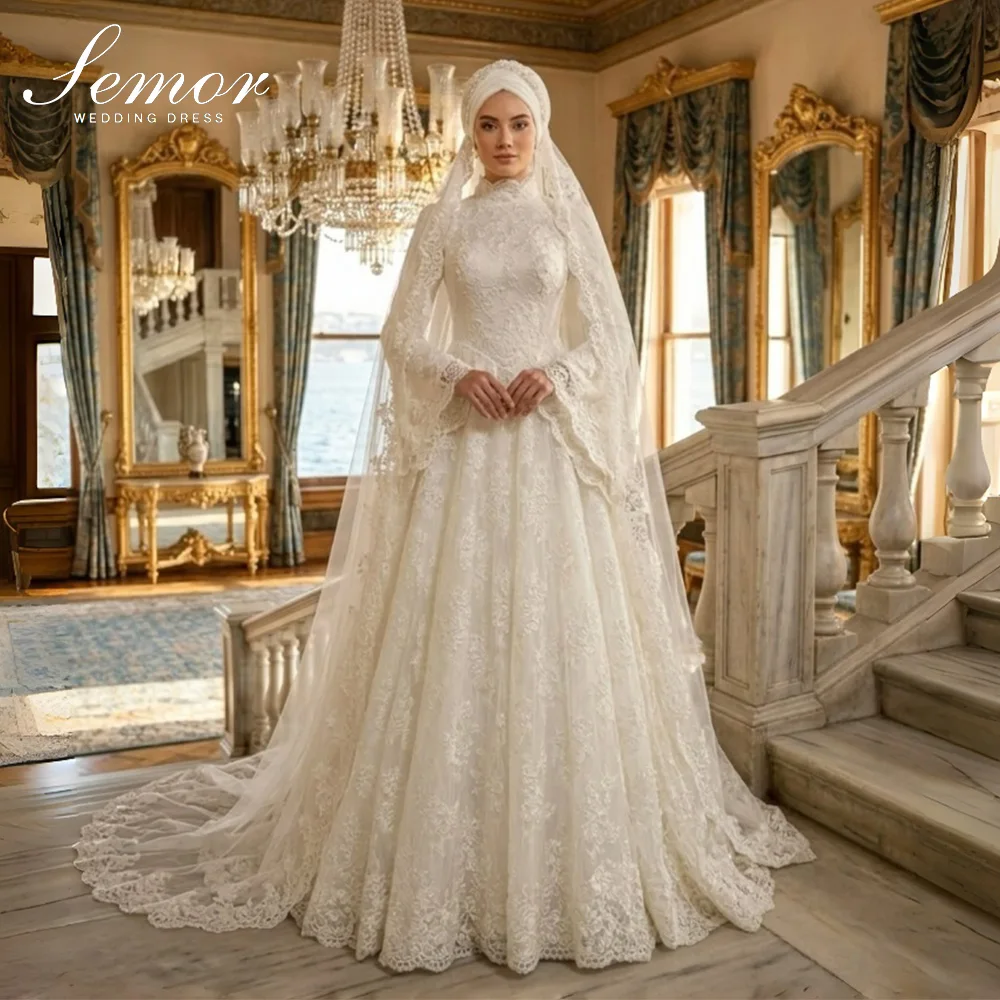 Semor Exquisite A-line Lace Wedding Dress Muslim Hijab 2026 O-Neck Full Bell Sleeves Pleat Vestido De Novia Princesa Customized