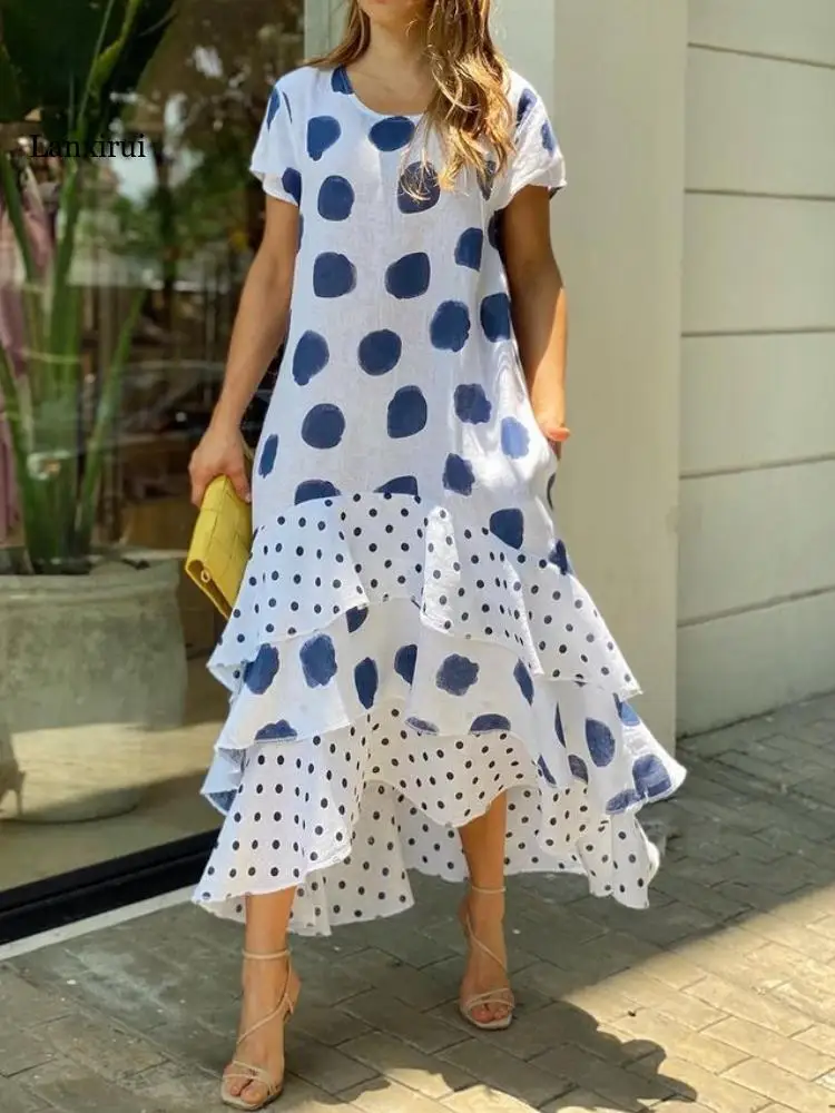 

Summer New Short Sleeve Round Neck Dress Wave Point Big Swing Cascade Ruffle Skirt Fashion Large Size Women's Wear Office Lady