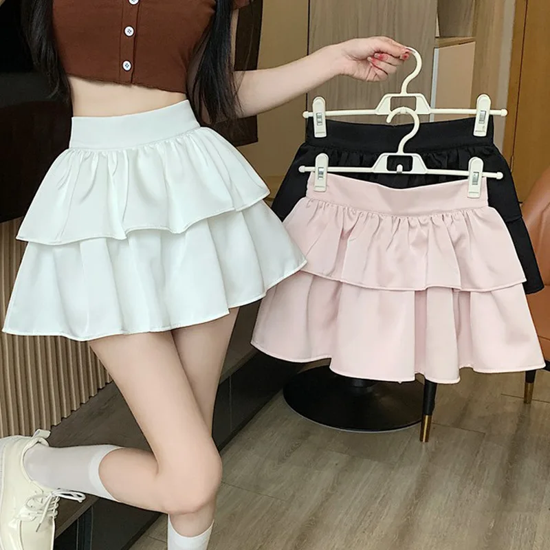 Estate Solid Ruffles Cake minigonne donna multistrato Cute Lolita Style Kawaii gonna a vita alta Sweet Teen Girls vestiti Preppy