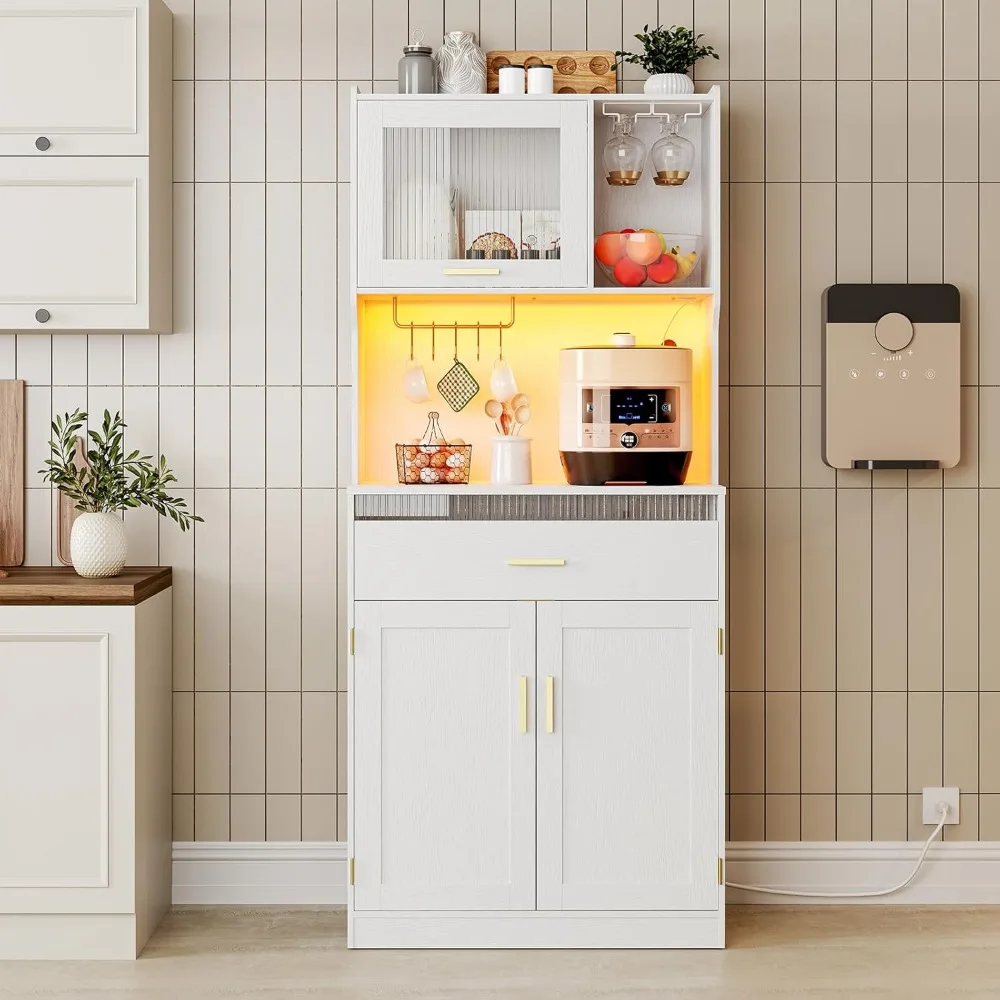 خزانة مخزن المطبخ الحديثة مع إضاءة LED ومحطة شحن، وحافظة تخزين 67 بوصة مع ميكروويف #5