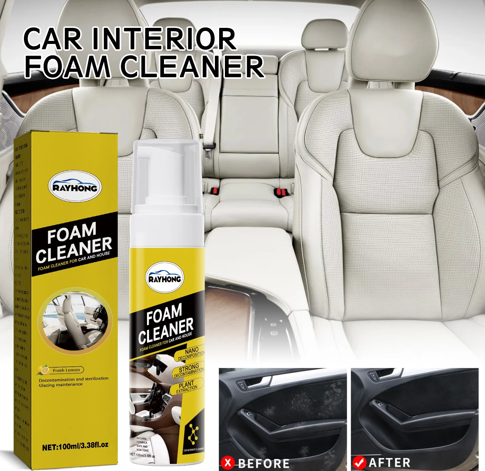 Rayhong Automotive Interior Foam Cleaner Interior Seat Instrument Panel Cleaning Dust-proof Polishing Maintenance Renovation