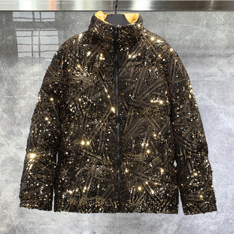 Winter Men\'s Stand Collar Shining Sequins Parka Street Style Men Thickened Warm Long Sleeve Jacket Coat Bright Parka Coat Homme