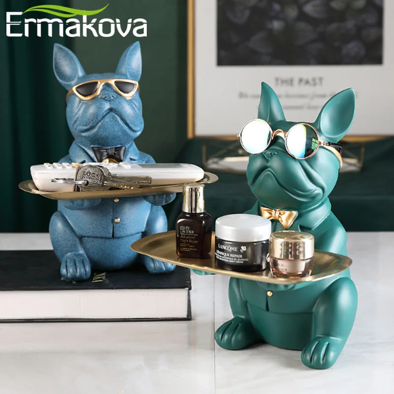 ERMAKOVA Nordic French Bulldog Sculpture Dog Figurine Statue Key Jewelry Storage Table Decoration Gift With Plate Glasses