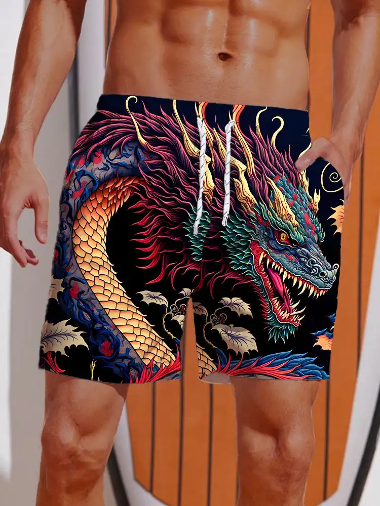 2024 Summer 3D Printed Ukiyo-E Fierce Dragon Printing Shorts Men's Board Shorts Swim Trunks Drawstring Breathable Short