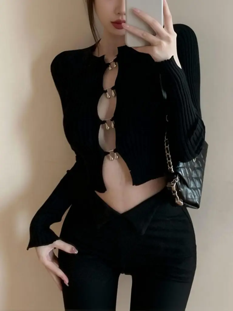 Sexy Hollow Out Long Sleeve Knit Crop Top Women Chic Stretch Black Basic Tee Skinny Crewneck Streetwear Y2k T Shirt Sweet Hot