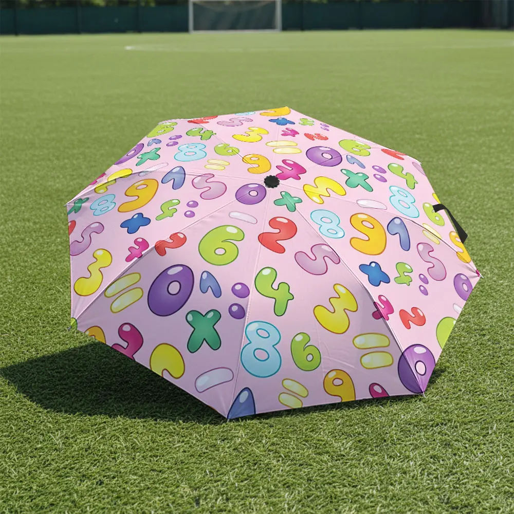 1P C Colorful Numbers Umbrella in Front of a White Building Print 8 Iron Ribs Folding Umbrella Auto-Open Fashion Sunshade