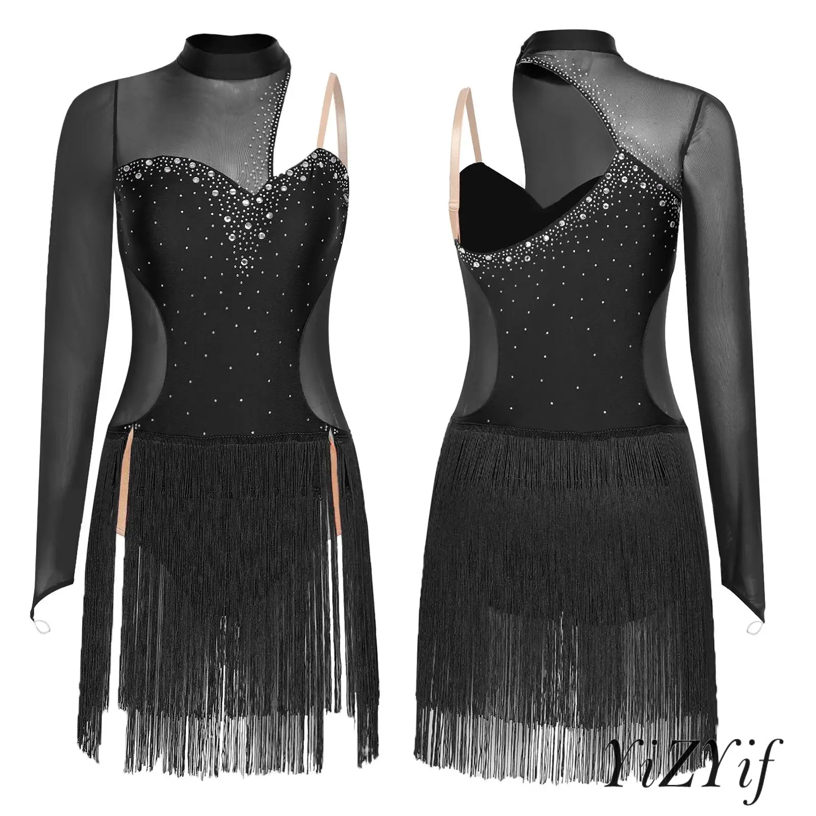 

Women Stage Tango Chacha Latin Dance Costume Rhinestones Fringe Backless Sheer Mesh Dress Lyrical Ballroom Dancewear Outfit