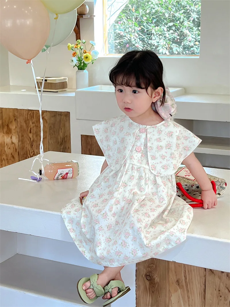 2023 Flower Girl Dress Children's Birthday Baptist Dress Children's Elegant Sleeveless Printed Girl Boutique Party Dress 2-7Y