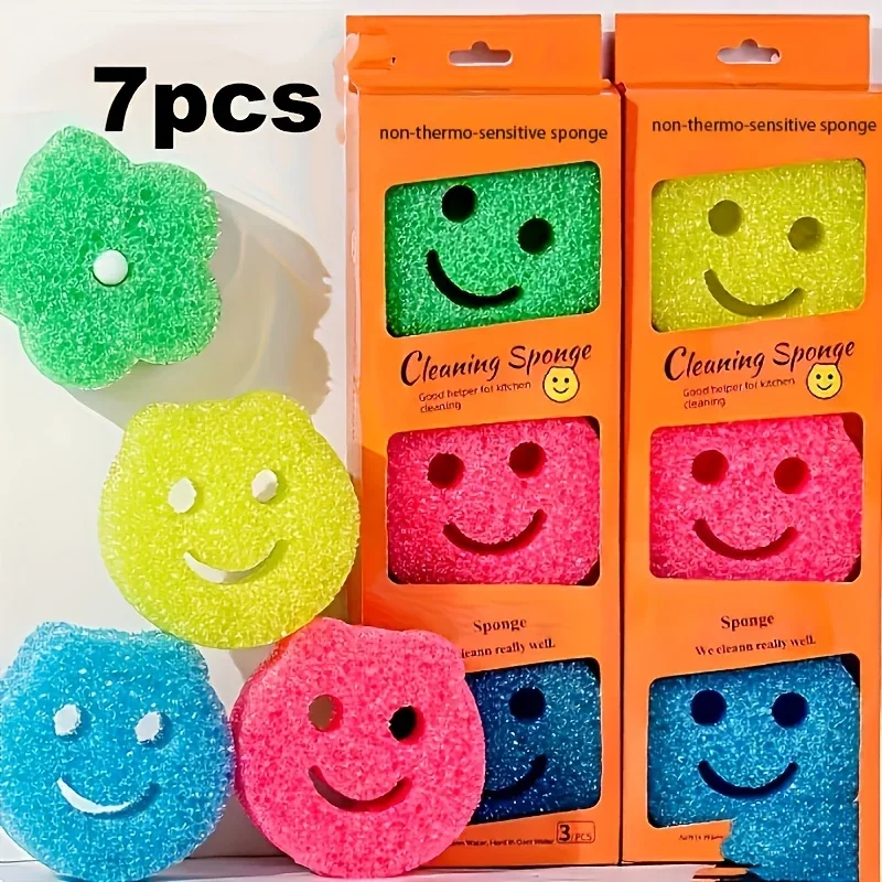 Smiling face sponge, loofah sponge, scouring pad, dishwashing sponge, kitchen cleaning, honeycomb sponge block（Random Color）