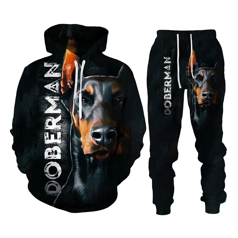 Spring and Autumn 3D Doberman Printed Hoodies Sweatpants Men\'s Hooded Sweatshirt Sets Men\'s Sportswear Tracksuit Men\'s Clothing