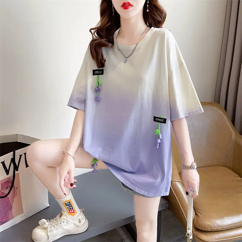 2023 Summer Korean Version Loose Casual Oversize Belly Covering Mid Length Heavy Duty Tie Dyed Round Neck Short Sleeved T-shirt