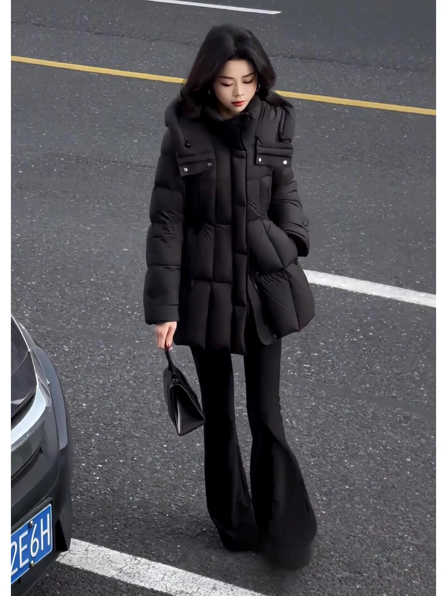 

Slimming Effect down Jacket Women's Thickened Hooded Coat White Duck Feather Warm Outerwear Korean Style Commute Fashion