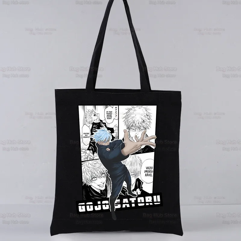 Jujutsu Kaimmense Gojo Satoru Room Anime Black Initiated Canvas Bags, Grand sac à main imprimés Harajuku pour femme, sac à provisions