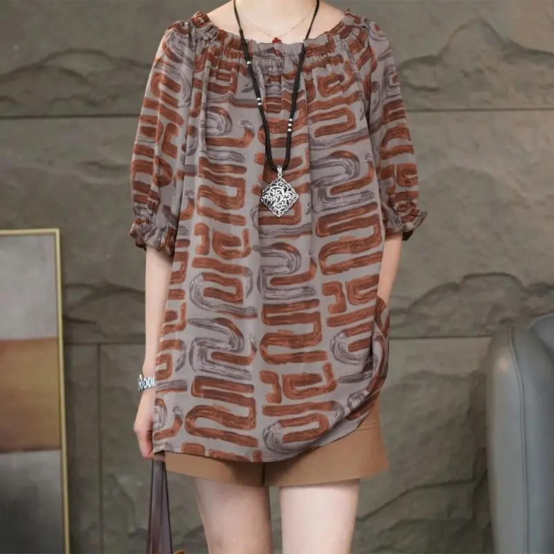 Summer Casual Loose Vintage Printed Midi Blouse Stylish Round Neck Female Clothing Commute Half Sleeve All-match Shirring Shirt