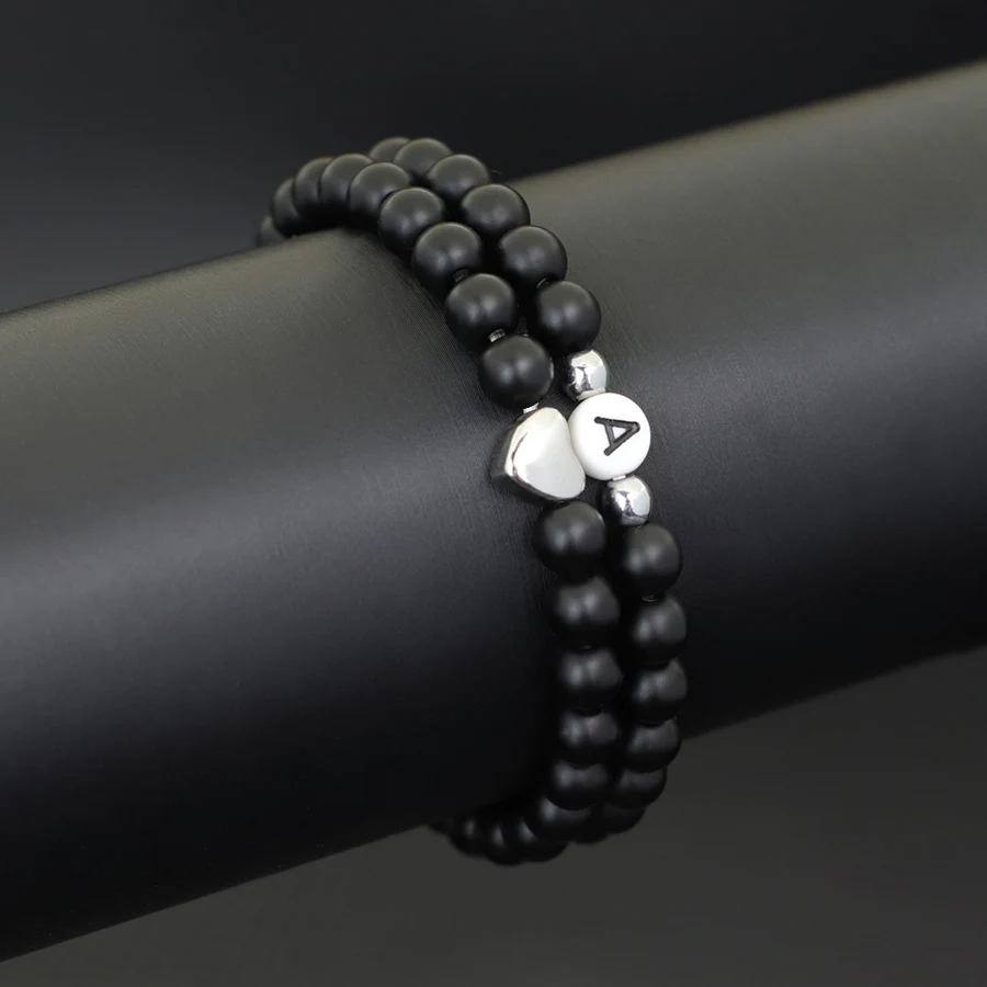 2Pcs/Set First Name Initials Heart Couple Bracelet Matte Stone Men Women Braclet DIY 26 Letters Friendship Jewelry