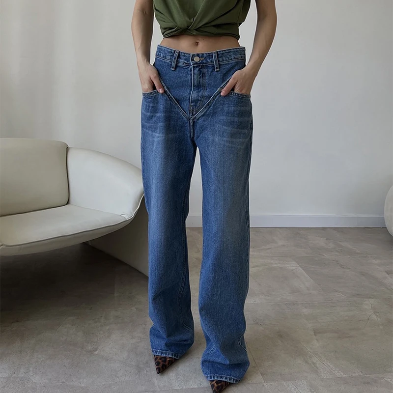 

Fashion Spliced High Waist Women Jean Pants Summer High Street Straight Slim Denim Trousers Vintage Loose Female Wide Leg Jeans