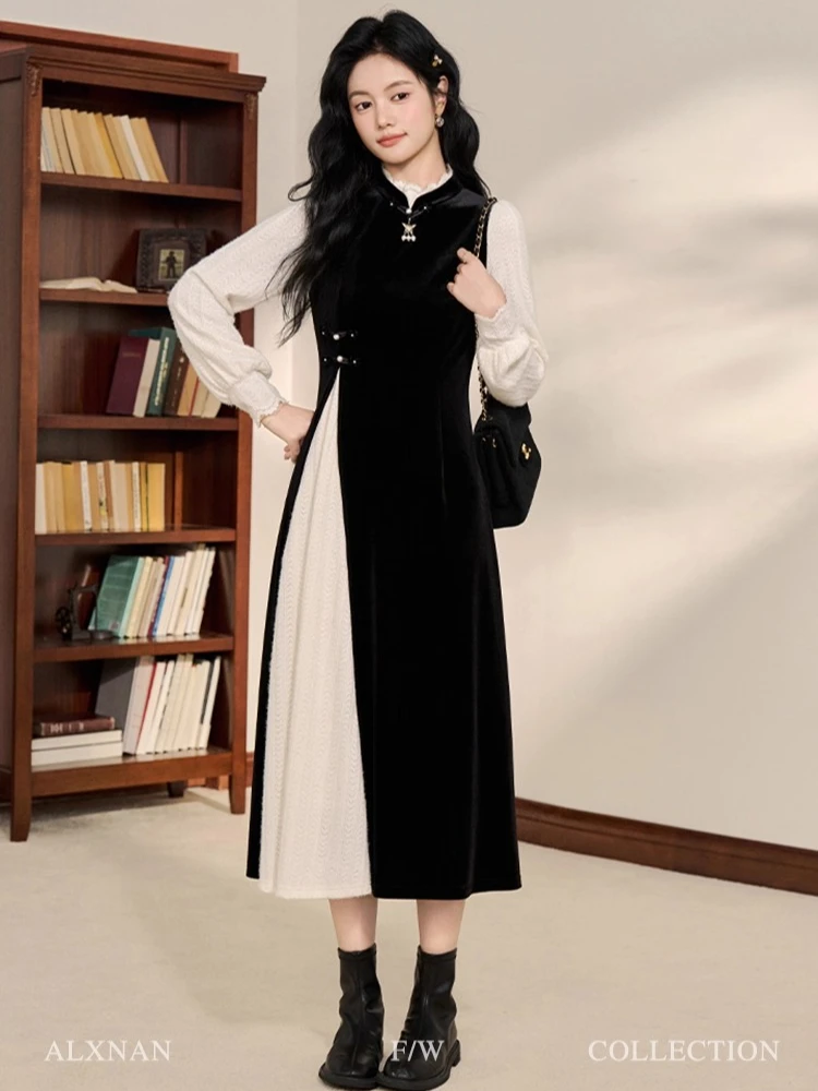

ALXNAN Women's Dress New Chinese Style Fake Two-piece Black Patchwork Long Dresses 2025 Autumn Elegant Female Clothing L51025