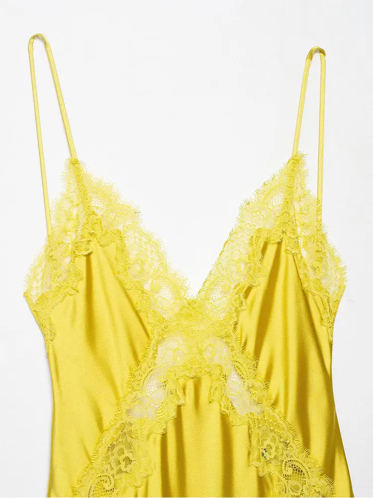 เดรสผ้าซาตินสีเหลืองประดับลูกไม้แบบสายเดี่ยว รุ่น NLZGMSJ ประจำฤดูใบไม้ร่วงปี 2025 สำหรับผู้หญิง ดีไซน์หรูหรา คอวี โชว์หลัง แขนกุด สไตล์เก๋ไก๋ เหมาะสำหรับงานปาร์ตี้และคลับ