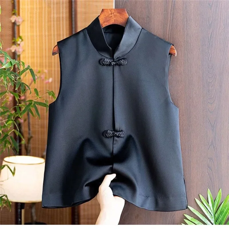 Mode Schwarz Acetat Seide Weste Strickjacke Frauen Chinesische Schnalle Taste Weiche Weste Jacke Vintage Sommer Tank Tops