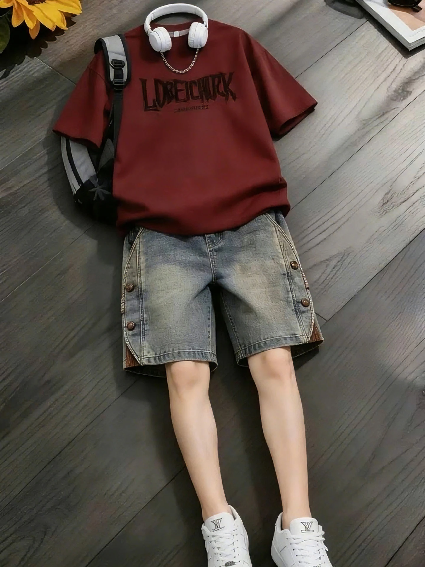 赤ワインカラー-アメリカンレトロ-半袖ショーツセット-メンズ-夏用-ヘビーウェイト-純綿tシャツ-高級感のあるツーピースセット