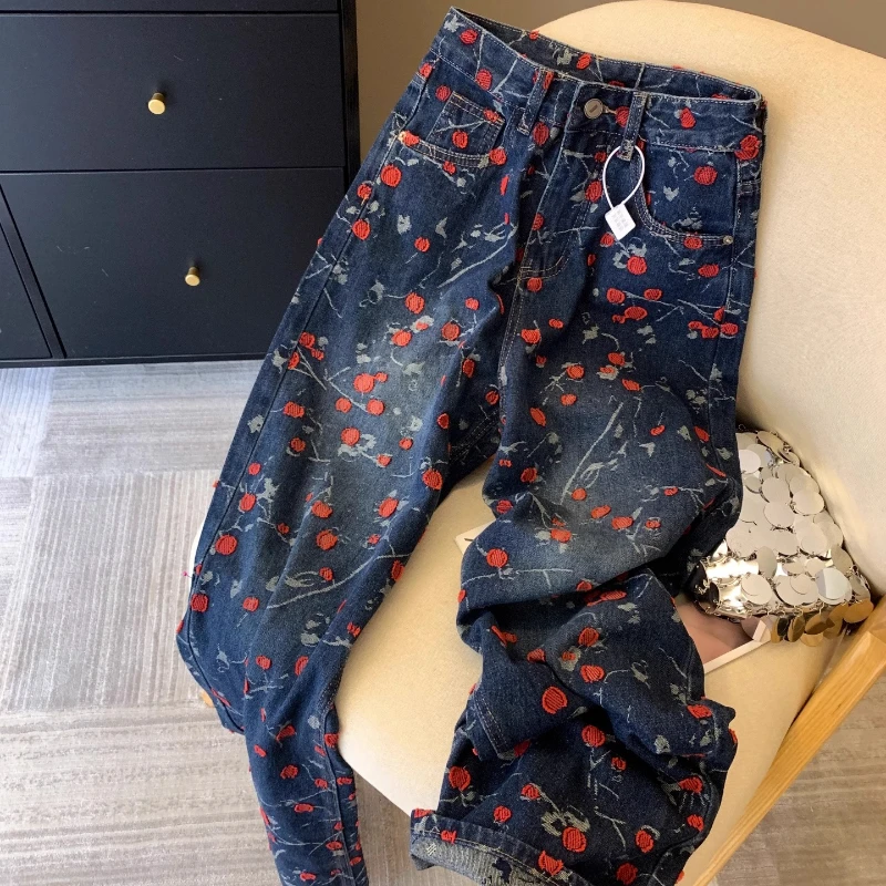 

Весенне-осенние женские джинсовые брюки с высокой талией и вышивкой вишневого цвета, широкие брюки с высокой талией, женские дизайнерские джинсовые брюки