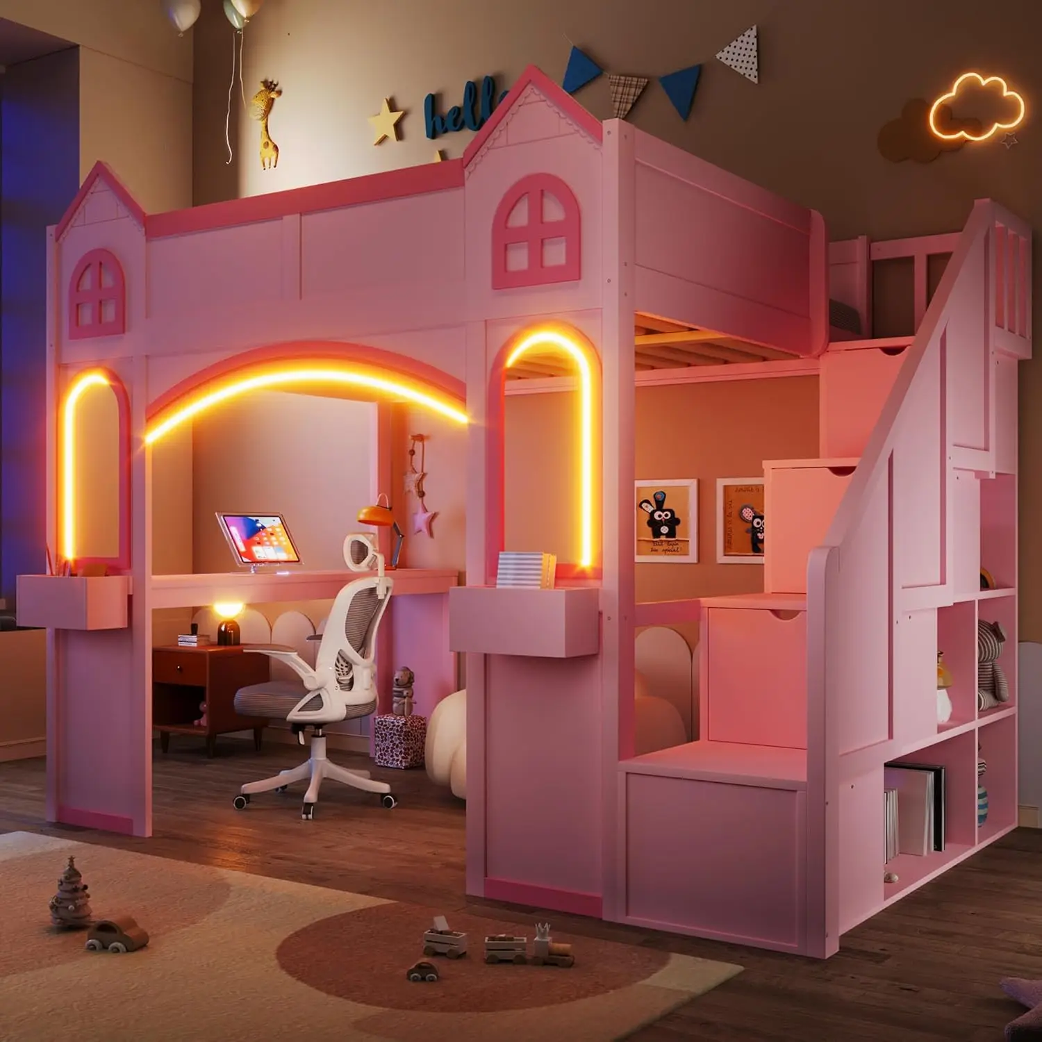 

Full Size House Loft Bed with Storage Staircase and LED Light, Cute Castle Wood Loft Bed Frame with Desk and, Customized