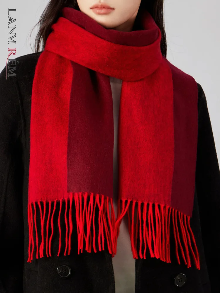 

[LANMREM] Minimalism 100% Wool Scarf For Women Tassel Design Thick Warm Office Lady Scarfs Fashion 2024 Winter New 26C1495