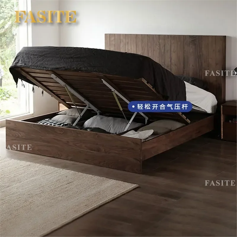 For 1.8m Double Bed Modern Nordic Simple Black Walnut Solid Wood Master Bedroom Japanese High Box Storage Bed Furniture