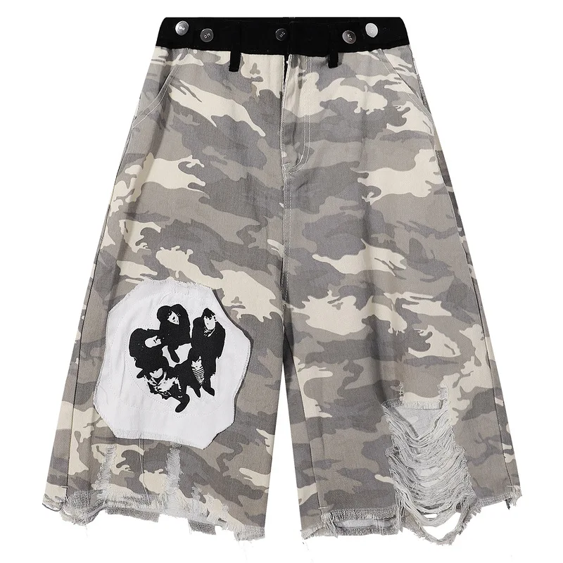 

Men's Fashion Vibe Style Camouflage Short Jeans With Patchwork High Street Ripped Denim Shorts Streetwear Loose Fit Y2K Shorts