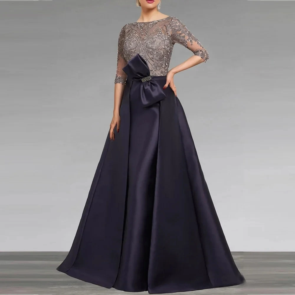 

New Long Mother of the Bride Dresses 2025 A-Line O-neck Wedding Guest Gowns Lace Applique Bow Ruching Party Gowns