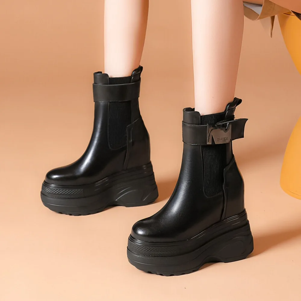 New Women Fur Ankle Boots Thick Sole Leather Combat Motorcycle Boot Autumn Winter Warm Plush High Platform Snow Shoes Woman 14CM