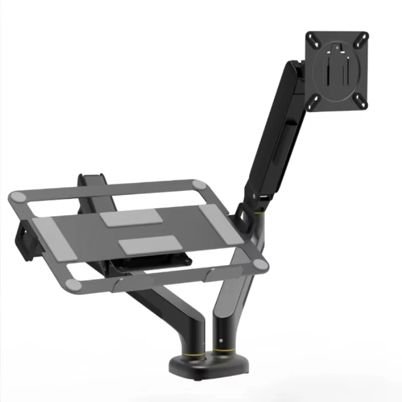 

Clip-on mount dual monitor stand for 17-27 inch monitors, full motion arm desktop stand, 15 inch laptop adjustable tray