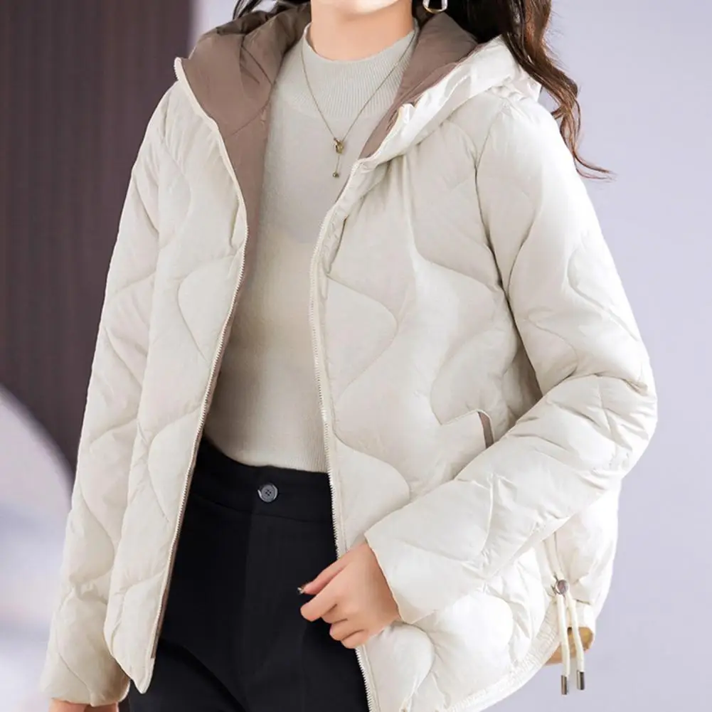 Winter Lady Down Coat Solid Color Long Sleeves Hooded Padded Coat Thicken Neck Zip up Outdoor Cotton Coat With Pocket