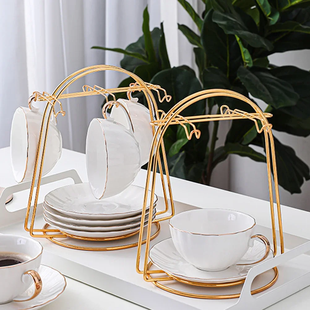 Golden Coffee Cup Drying Rack Stand Tabletop Bottle Rack Water Drainer Tea Cup And Saucer Display Rack For Cups Dishes 4/6 Hooks