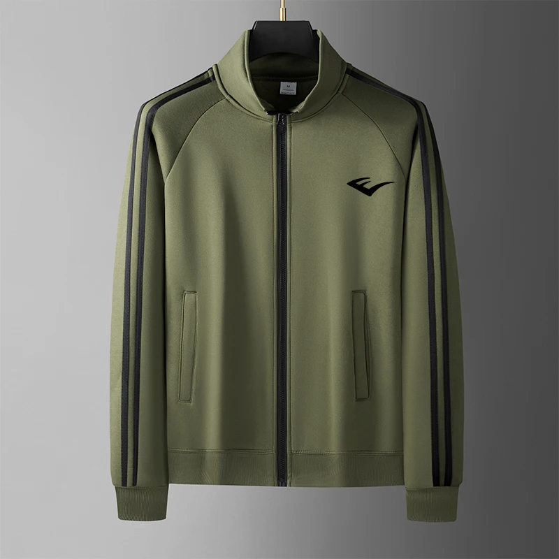 Men Casual Sports Track  Stand Collar Full Zip 3  Stripes  Logo Print Long Sleeve Sportswear Male Training Street Outer Coat