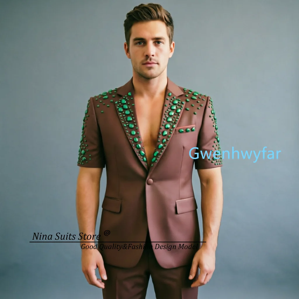 Nina Store Summer New Short Sleeved Sacket and Pants Customized Brown Men's Nightclub Party set Jacket with Dark Green Acrylic