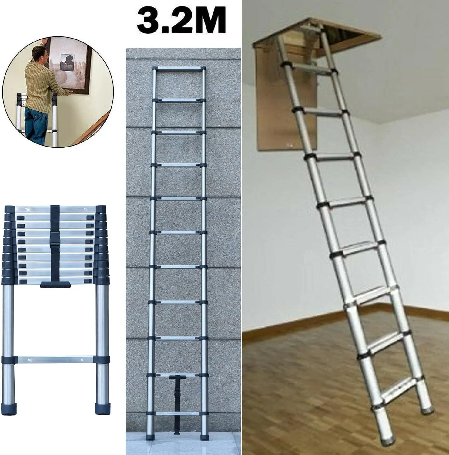 10FT Stainless Steel Extension Ladder for Home Collapsible Ladders 330 Lb Max Capacity, Multi-Purpose Telescopic Ladder for Roof