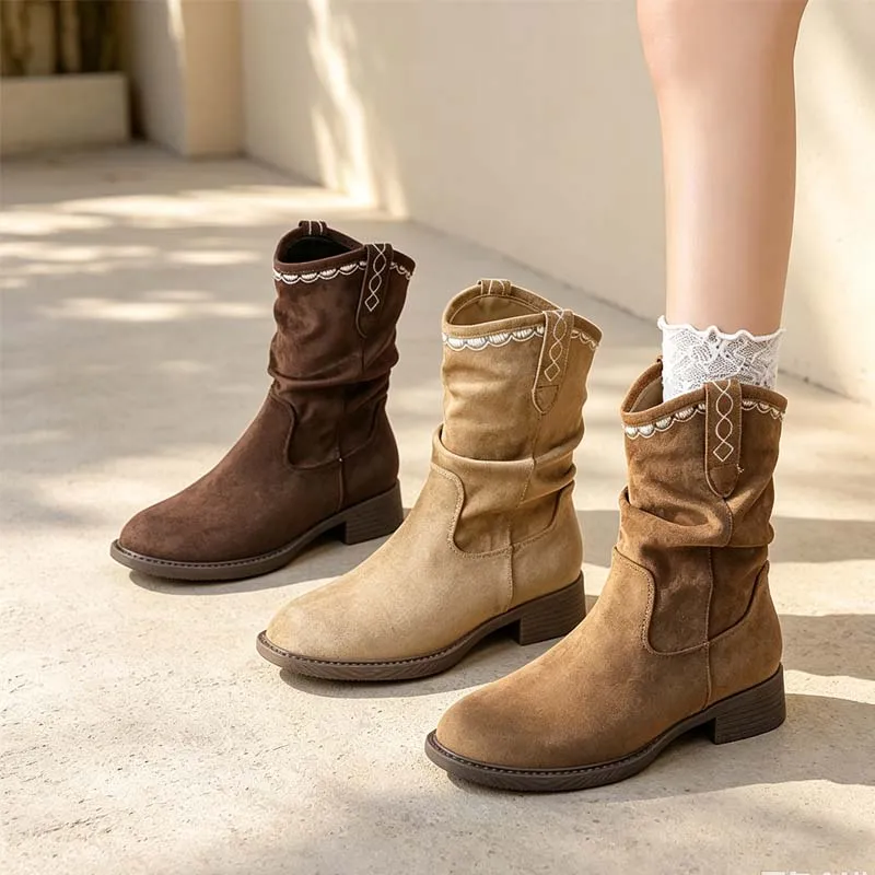 Retro Round Head Flats Fashion Low Heels Women Shoes Ankle High Short Boots Fall Outdoor Botas Para Mujer