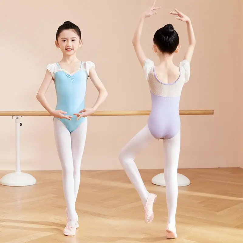 

3-12Y Ballet Leotard, Ruffle Sleeve Camisole Polka Dot Mesh Cotton Stretchy Dance Bodysuit for Gymnastics Ballet Dancewear