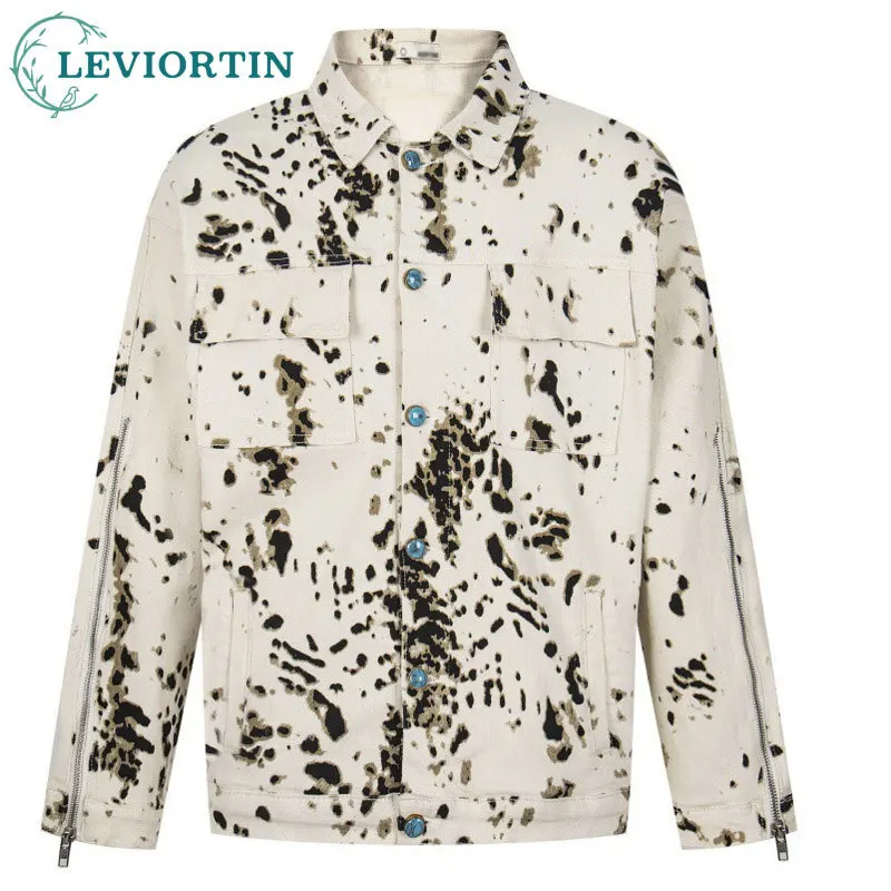 

Весенне-осенняя мужская мода, модная уличная молния, дизайн Sense Tie Dyeing, ковбойская спецодежда с леопардовым узором, пальто