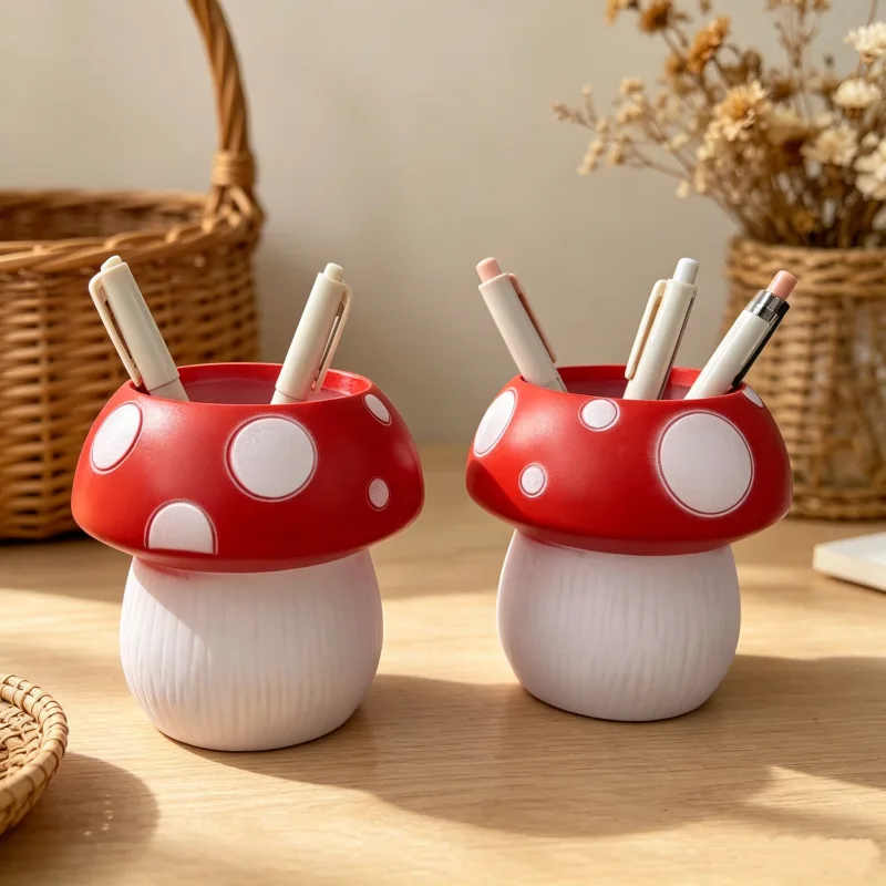 Kawaii  Mushroom Plastic Pen Container Series Suitable Makeup Brushes Container Office Supplies Cute Desktop Creative Decoration