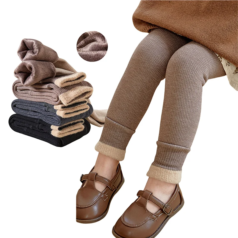 Kids Autumn Leggings Infant Girls Solid Color Pit Strip Render Pants Toddler Fleece Padded Warm Trousers