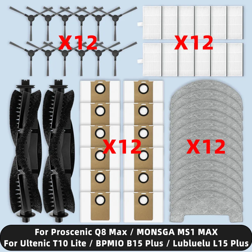Accessoires compatibles avec ( Ultenic T10 Lite / Proscenic Q8 Max / MONSGA MS1 MAX / BPMIO B15 Plus / Lubluelu L15 Plus ), brosse latérale principale, filtre, chiffon pour serpillière, sac à