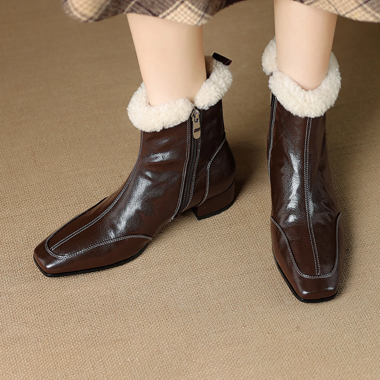 2026 new autumn winter women ankle boots natural leather plus size 22-25cm sheepskin+wool round toe side zip short boots